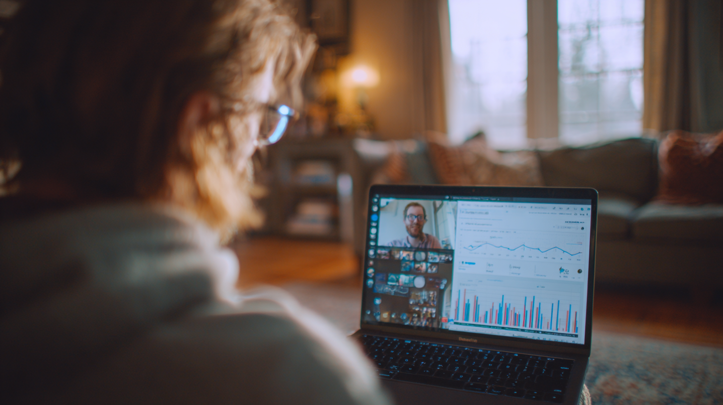 Organizer watching a volunteer software demo with charts visible on a laptop.