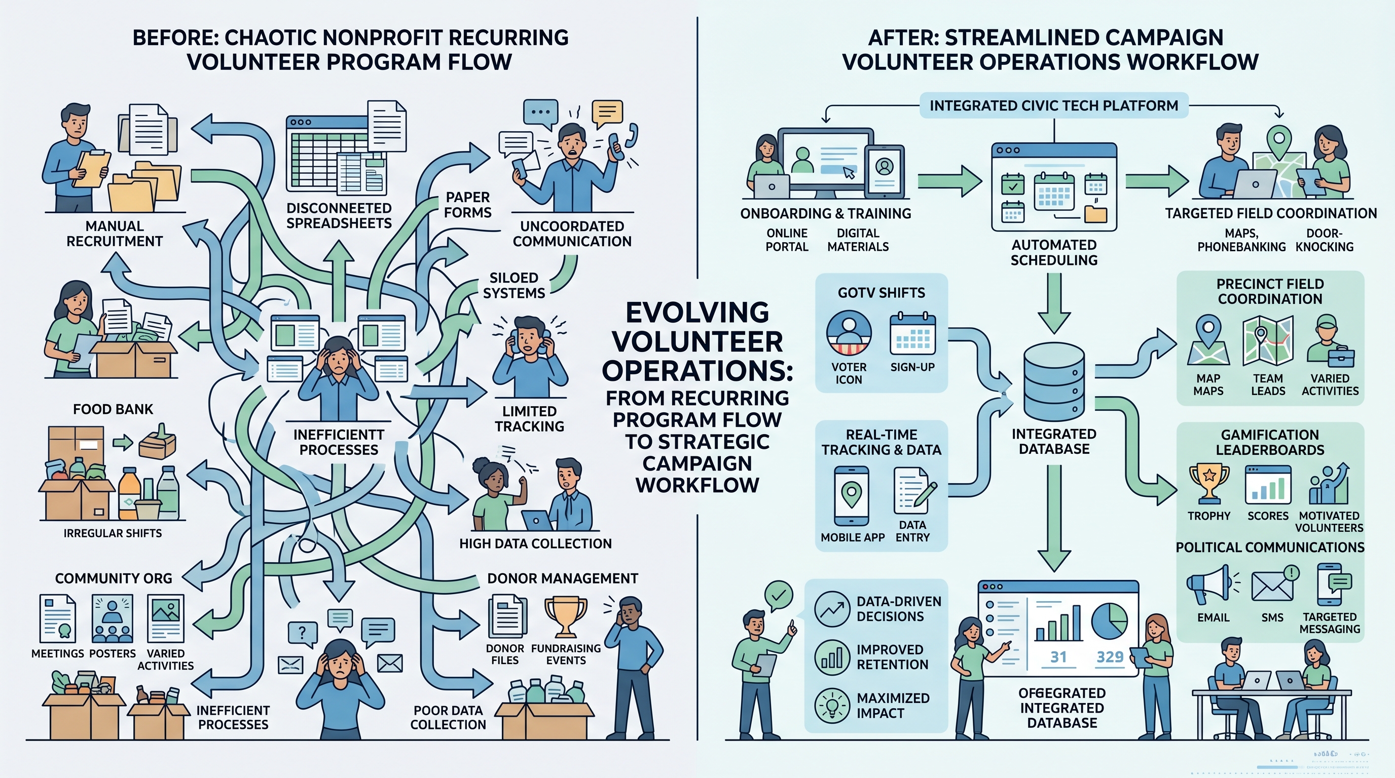 Comparison of nonprofit volunteer management workflows versus political campaign volunteer operations showing key structural differences