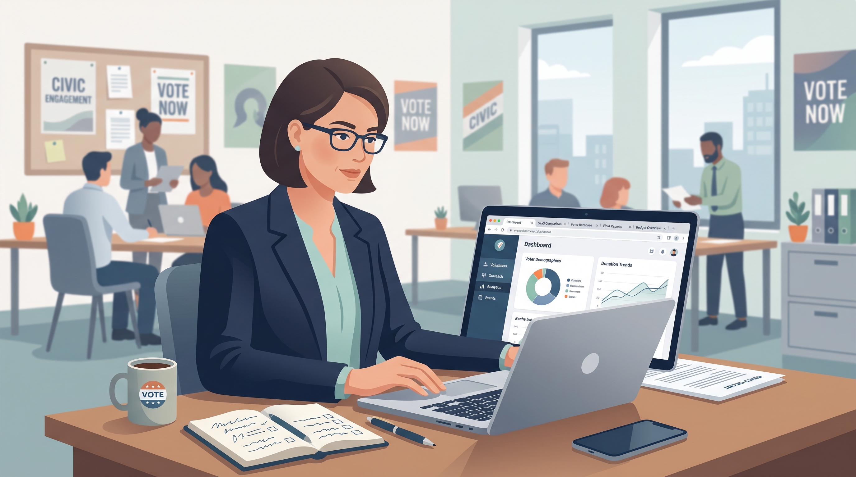 Campaign manager evaluating volunteer management software alternatives at a campaign office workstation