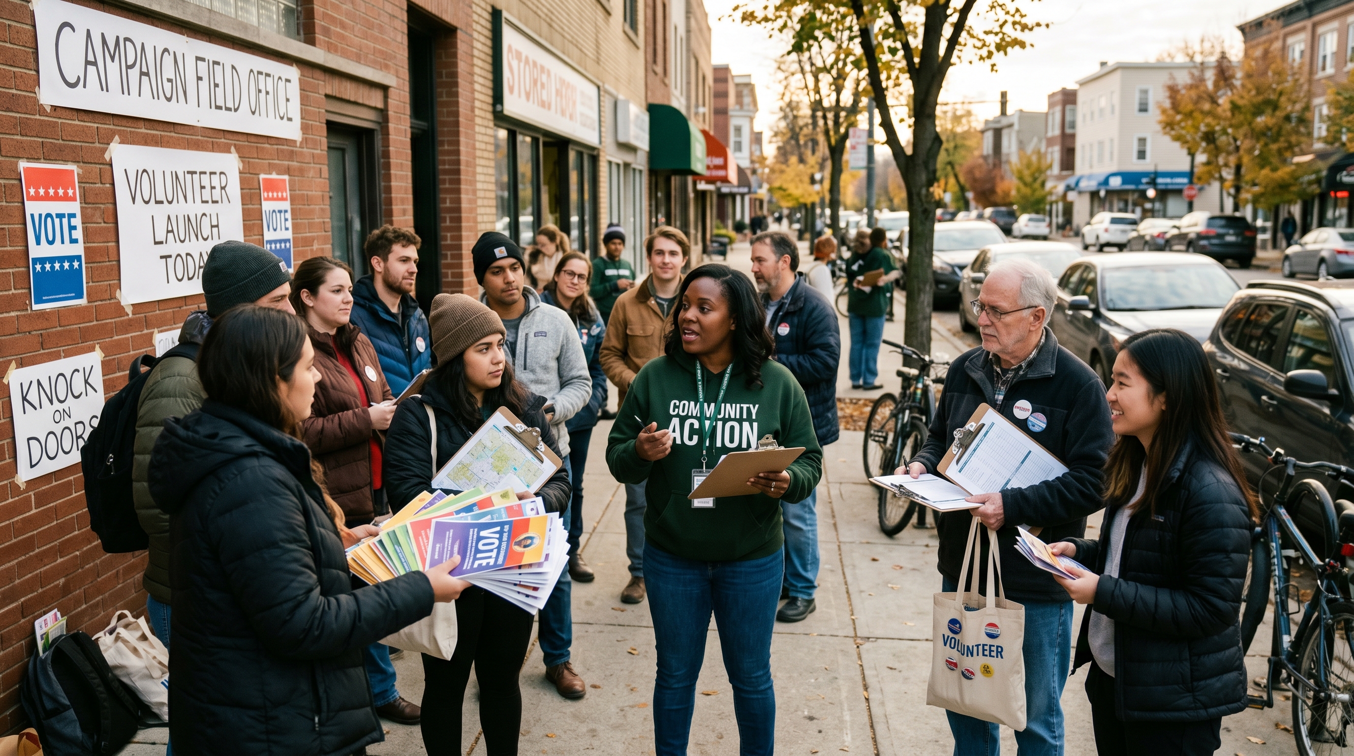 Diverse campaign volunteers being briefed by a field coordinator outside a campaign office before a canvassing shift