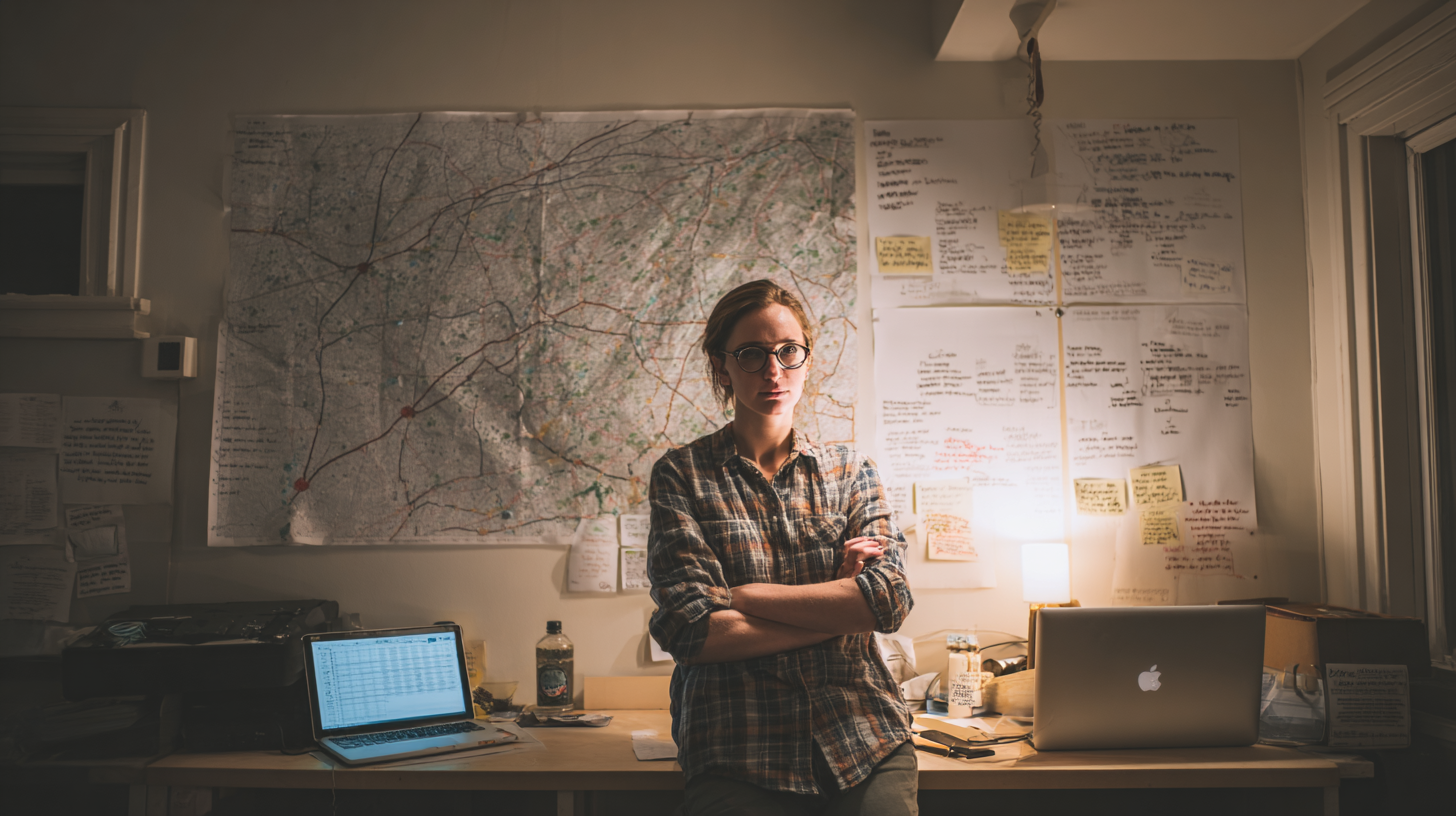Organizer at a whiteboard late at night reviewing turf maps and volunteer lists before GOTV weekend.