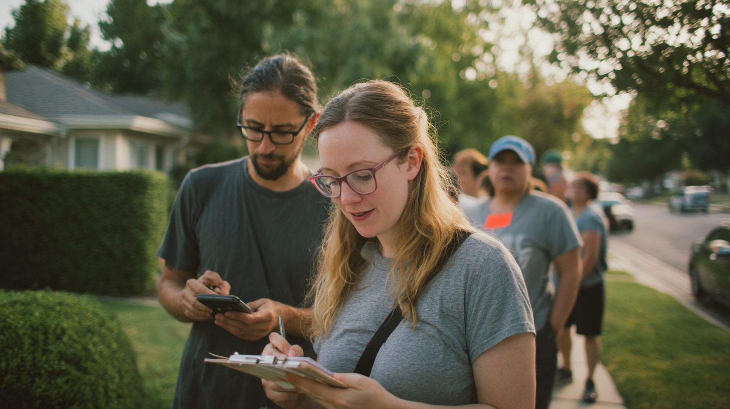 Volunteers canvassing in a suburban neighborhood, using phones and printed walk lists generated from a campaign CRM.