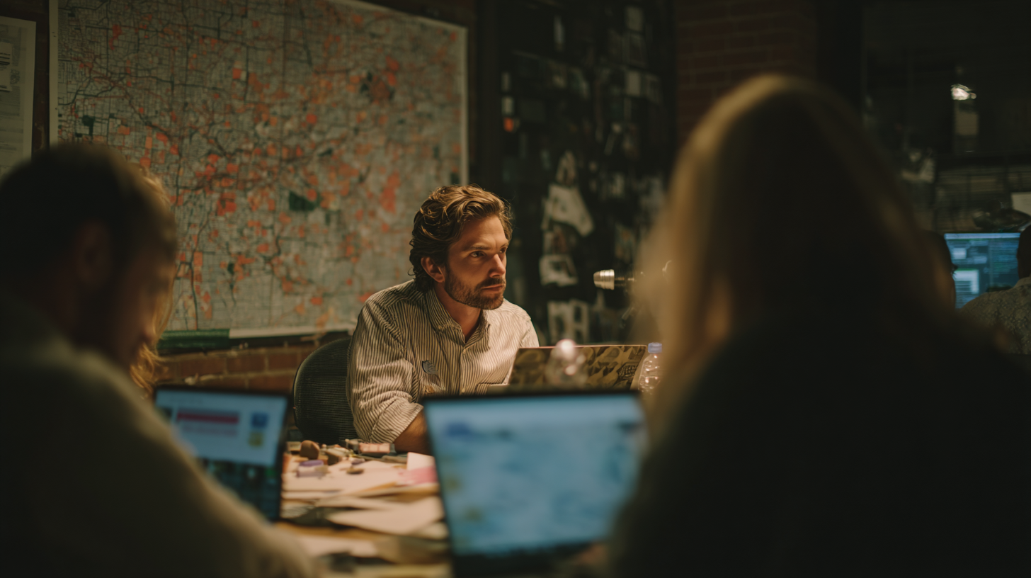 Campaign manager and team analyzing political campaign data and voter maps on laptops in a small office at night