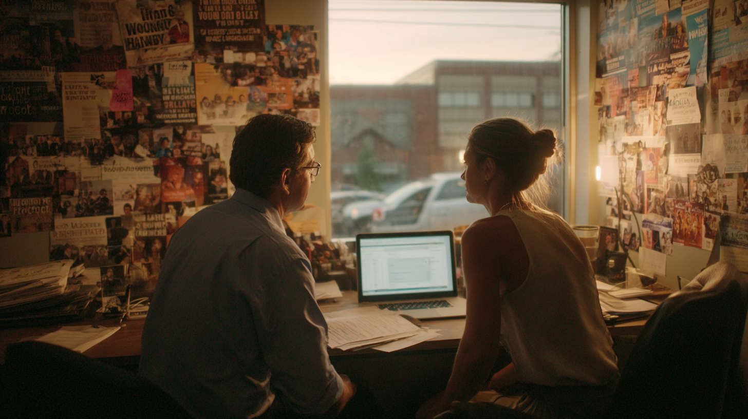 Candidate and finance director reviewing donor reports on a laptop for a political campaign