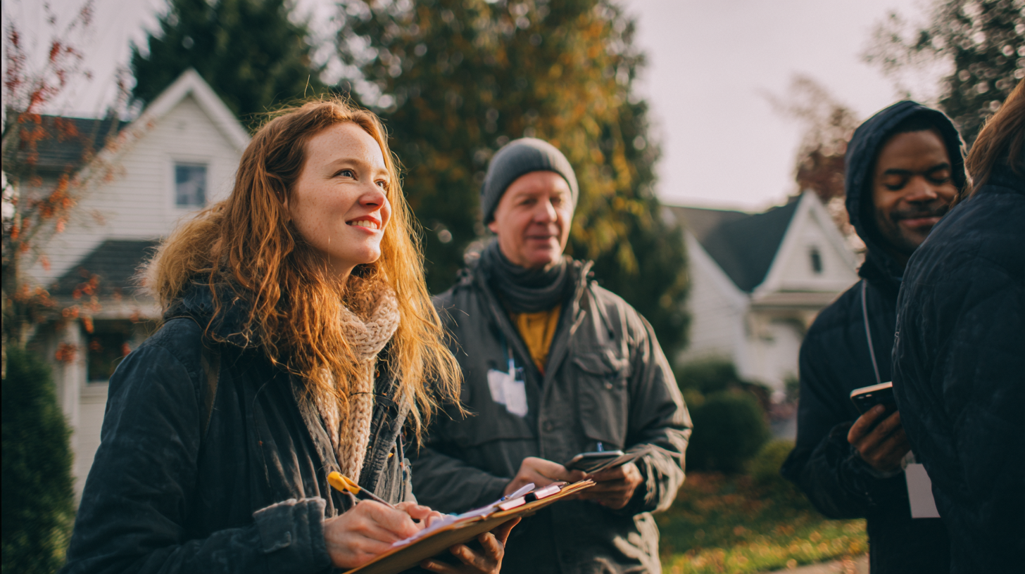 Campaign volunteers canvassing door to door in a suburban neighborhood using a political canvassing app on smartphones