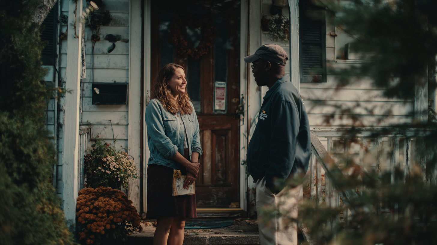 Volunteer talking with a voter at their front door during a political canvassing shift