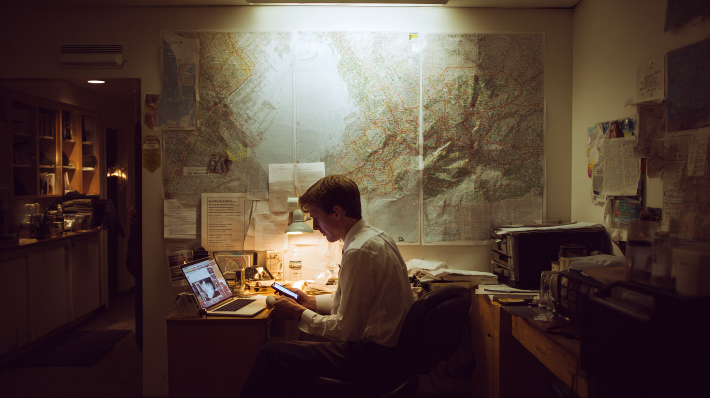 Campaign staffer managing integrated political text messaging campaigns from a laptop at night.