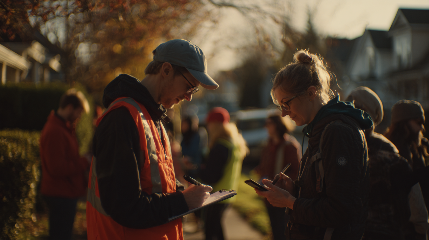 Volunteers using political field operations software on smartphones while canvassing a diverse suburban neighborhood