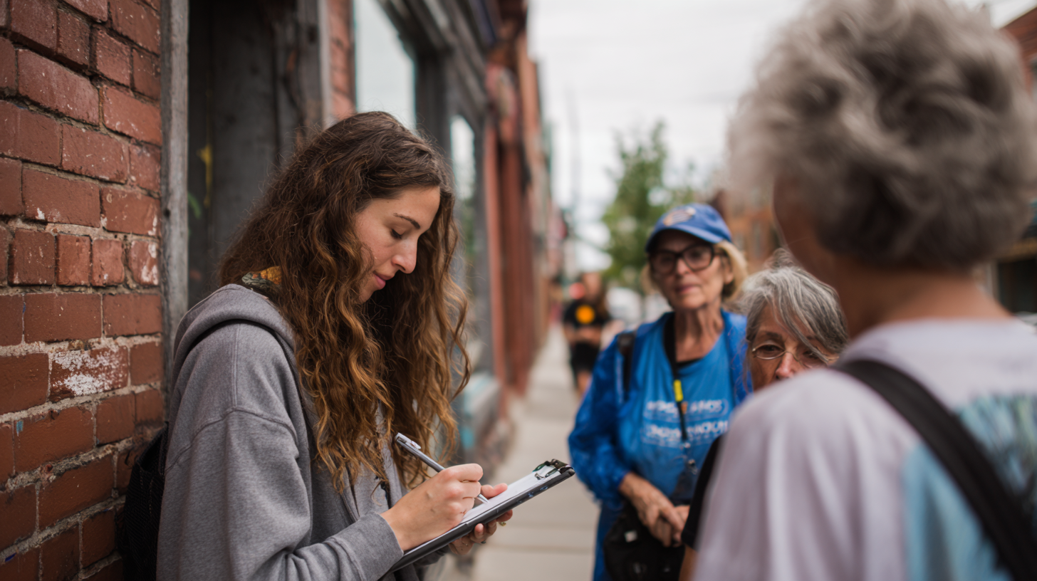 Nonprofit volunteers using field operations software on tablets during community outreach