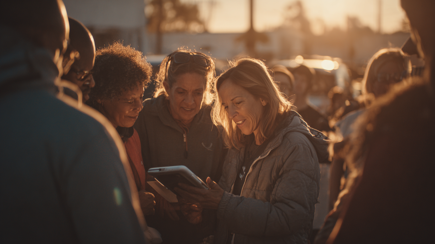 Group of diverse volunteers looking at a campaign leaderboard on a tablet at an outdoor canvassing staging area.