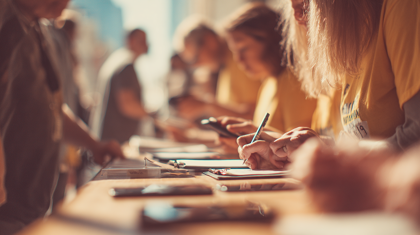 Diverse volunteers checking in at a community event table using clipboards and phones in soft natural daylight.