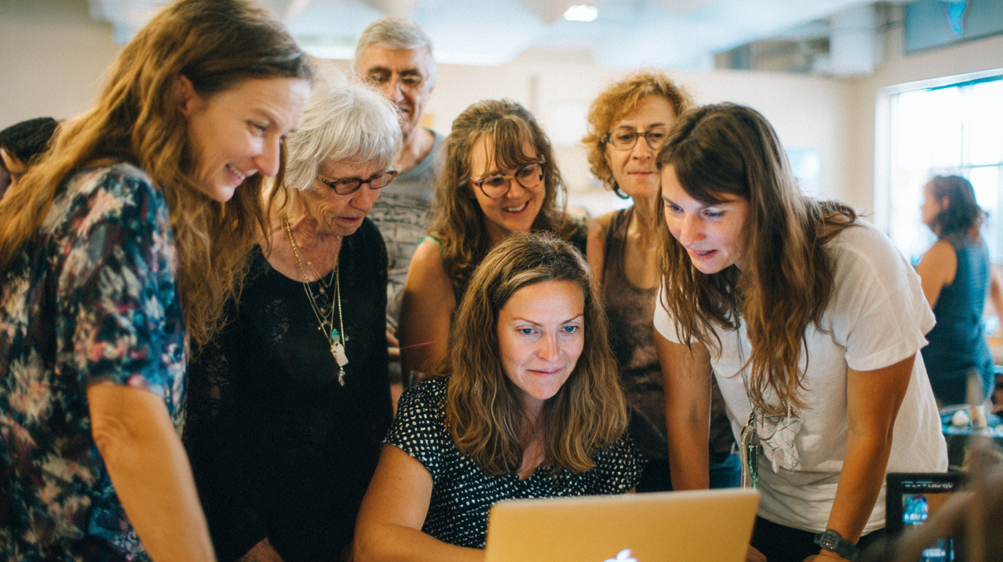 Nonprofit team gathered around a laptop testing a volunteer sign‑up form in a bright community center.