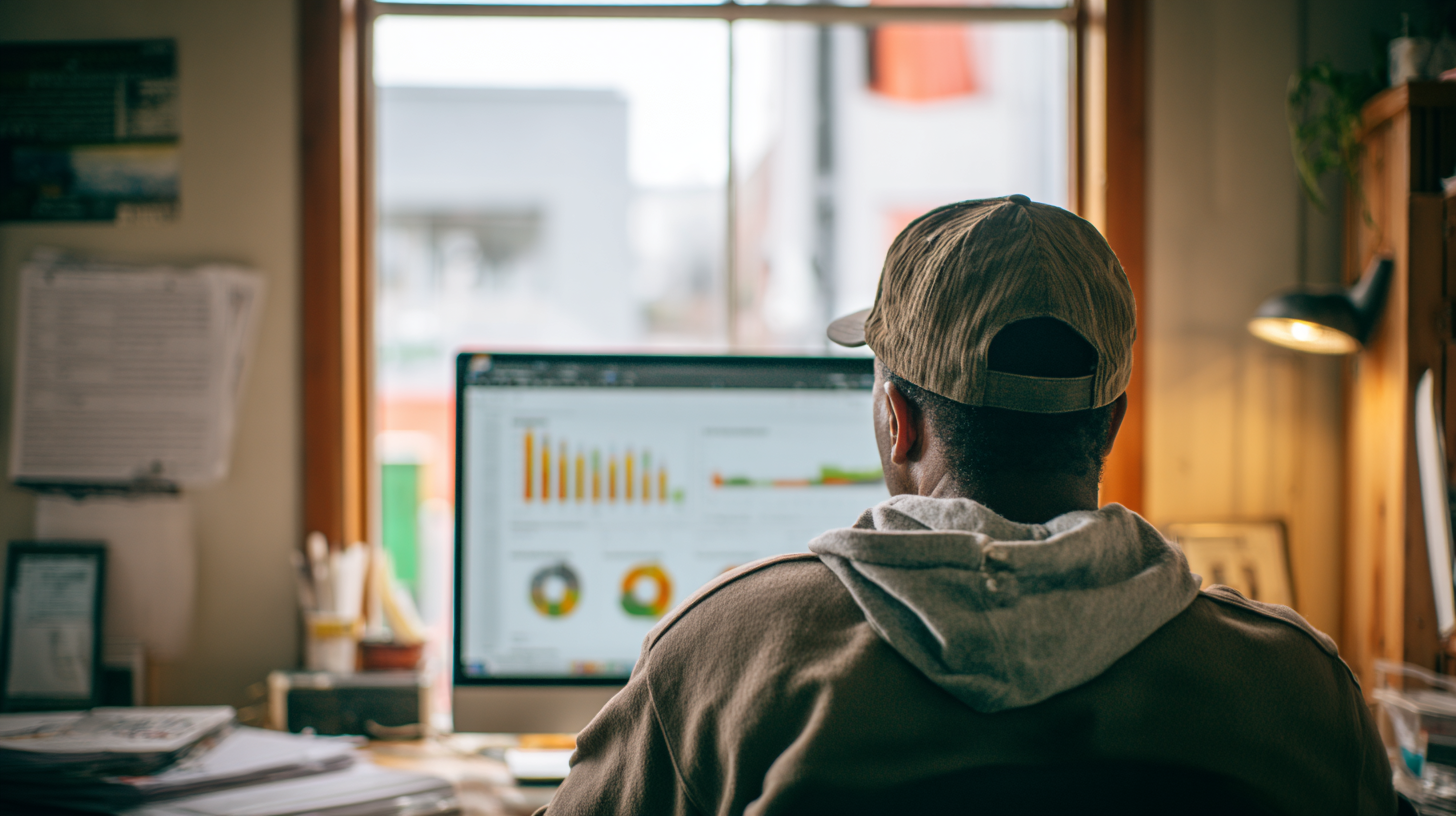 Volunteer coordinator viewing a laptop dashboard showing charts and a volunteer leaderboard in a softly lit office.