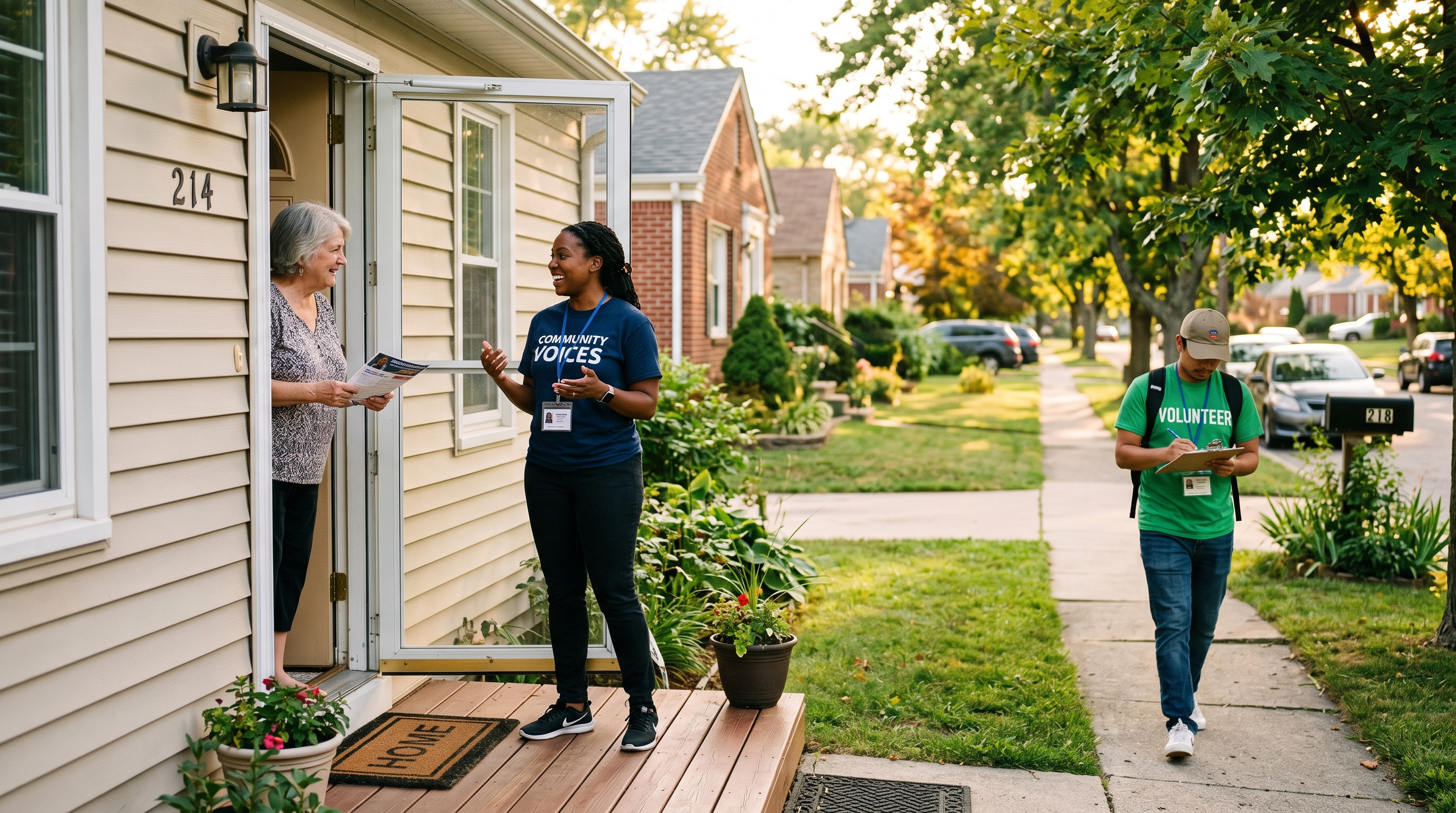 Campaign volunteers canvassing doors and delivering the GOTV message in a suburban precinct