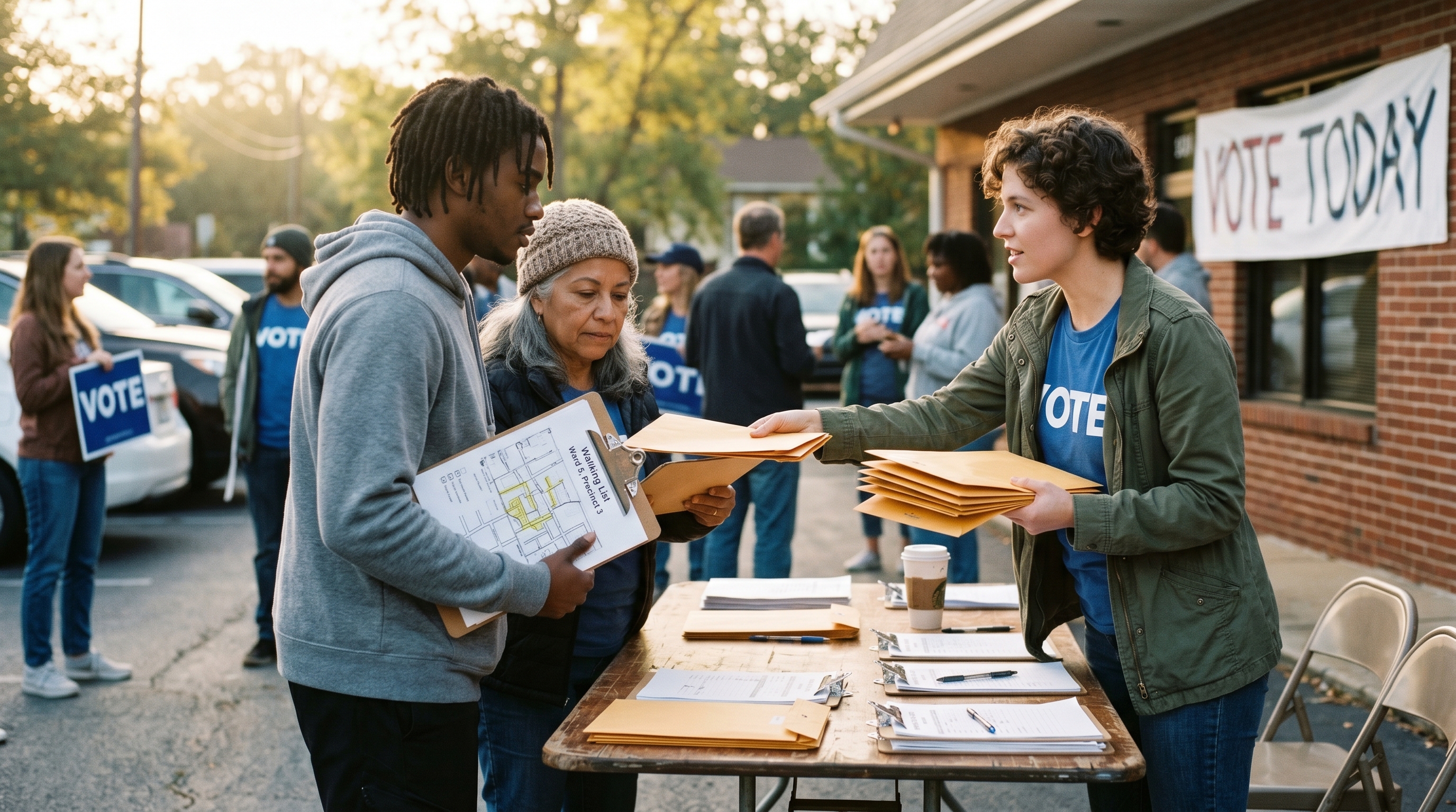 Campaign volunteers receiving turf assignments from a field organizer on Election Day morning