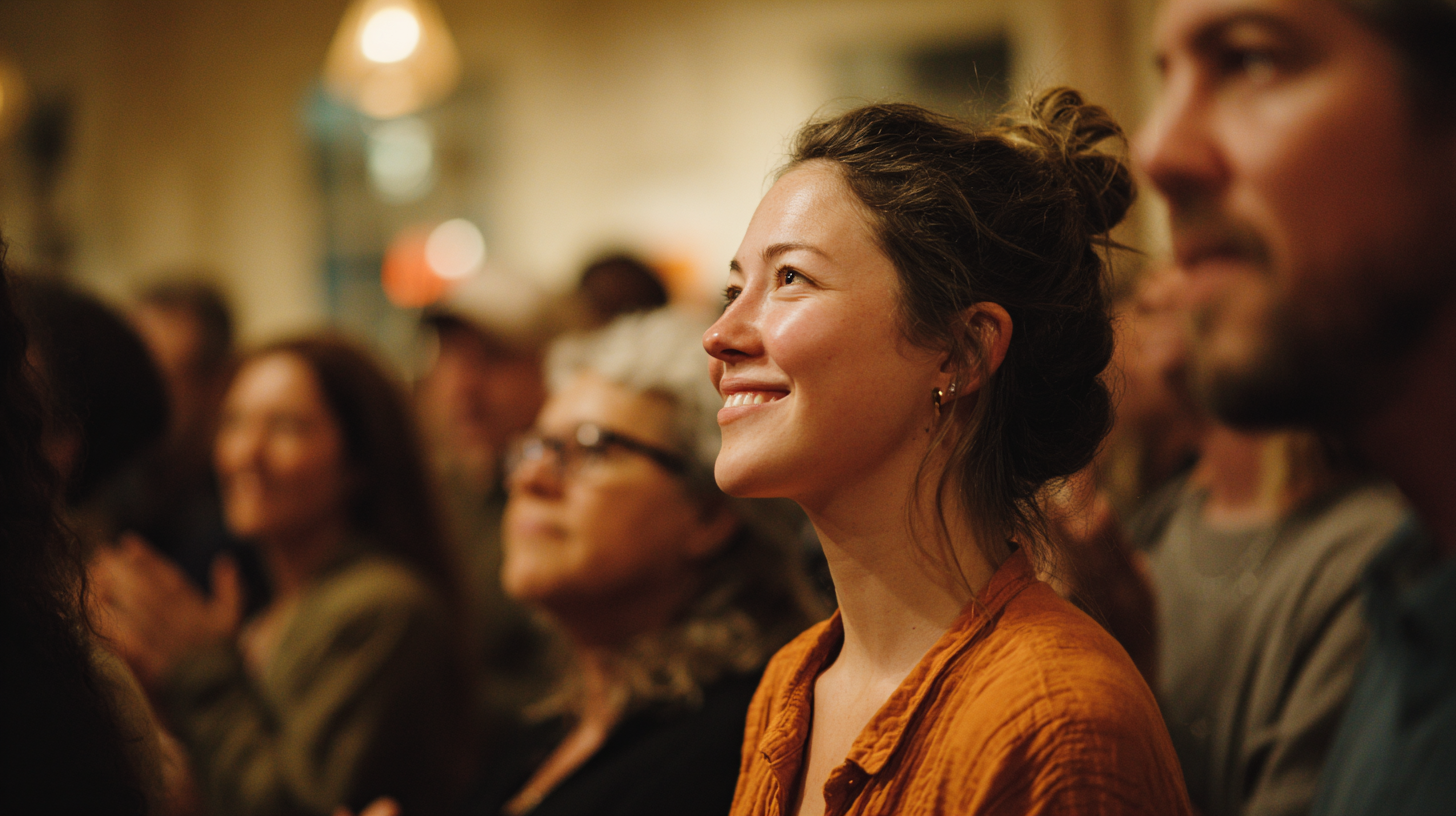 Neighbors celebrating together at a town hall after a campaign policy win.