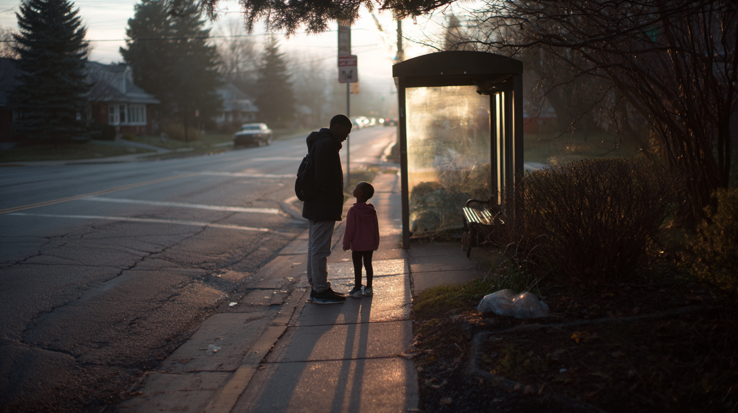 Parent and child waiting for a school bus in a suburban neighborhood before a school board campaign speech.