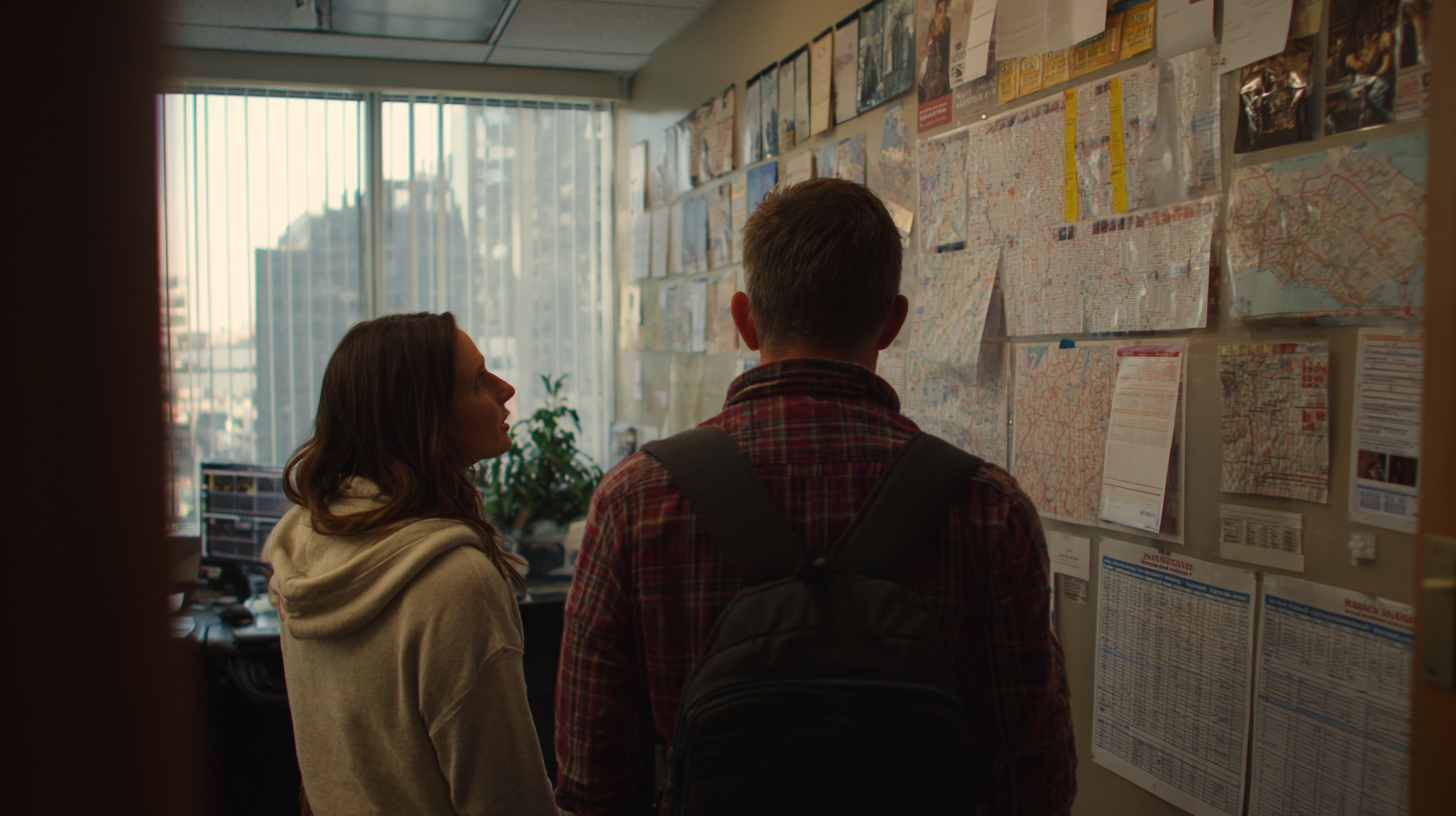 Campaign manager and candidate reviewing polling and field data charts on a wall to shape press messaging.