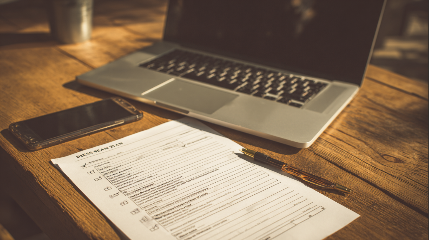 Campaign staffer using a printed checklist and media list while scheduling a political press release on a laptop.