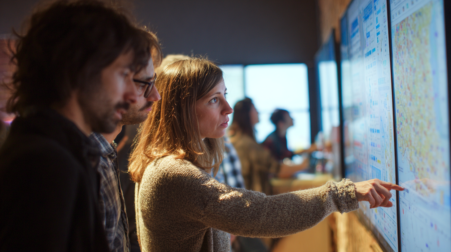 Campaign volunteers reviewing maps and volunteer statistics on a screen in a field office.