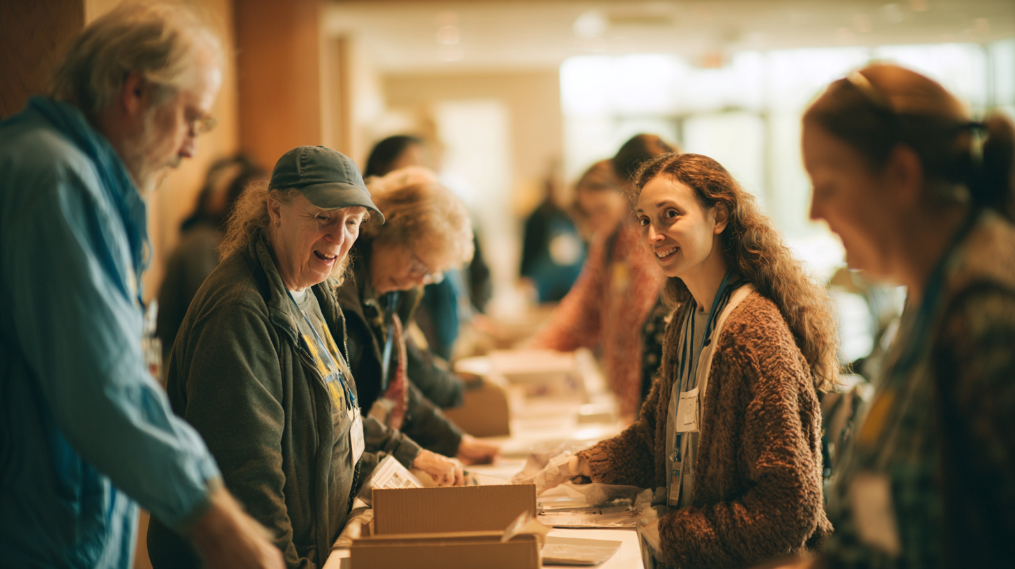 Diverse volunteers arriving at a community center check‑in table for a nonprofit event.