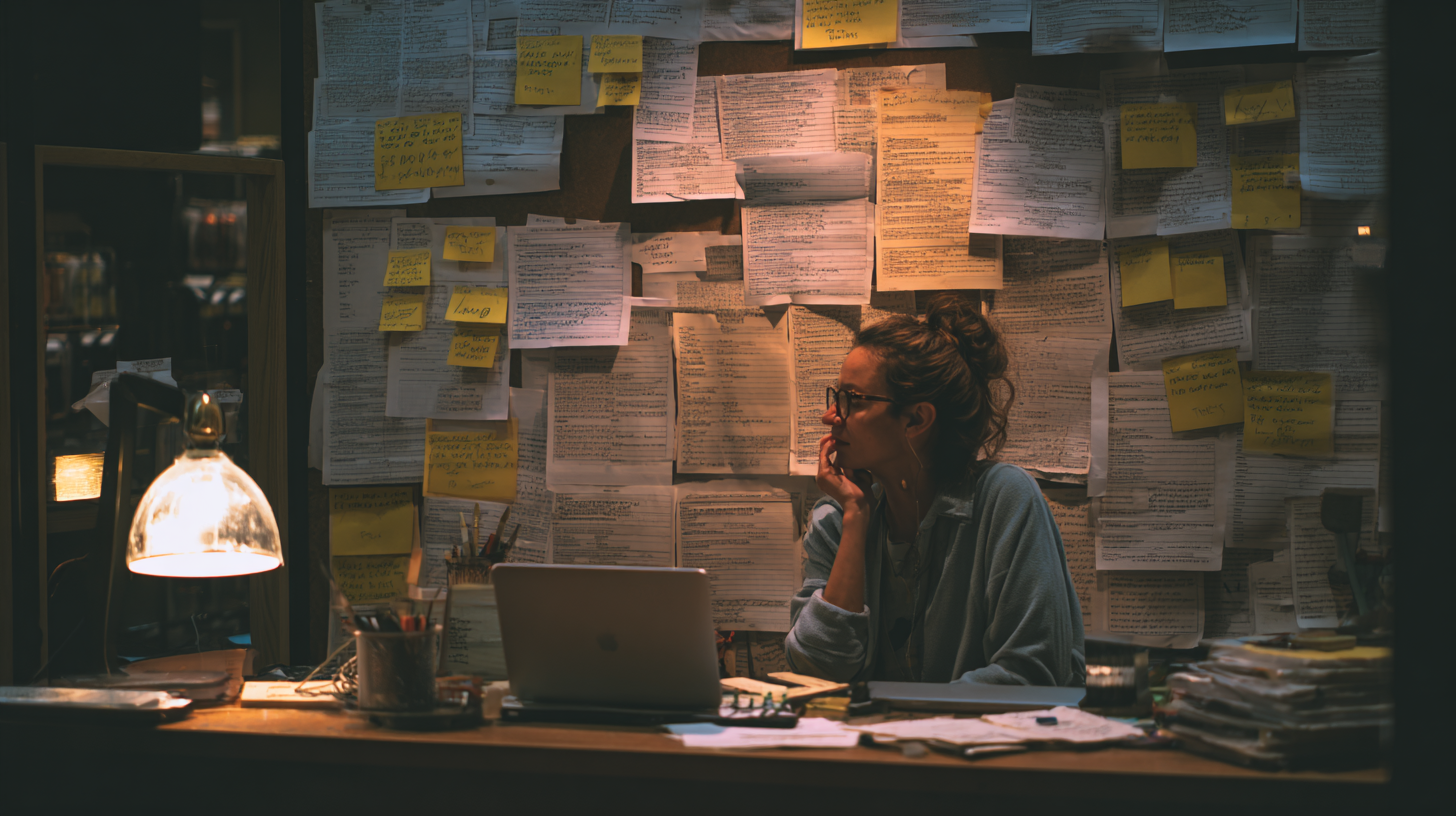 Nonprofit staff member working late, sorting volunteer sign‑in sheets and data at a crowded desk.