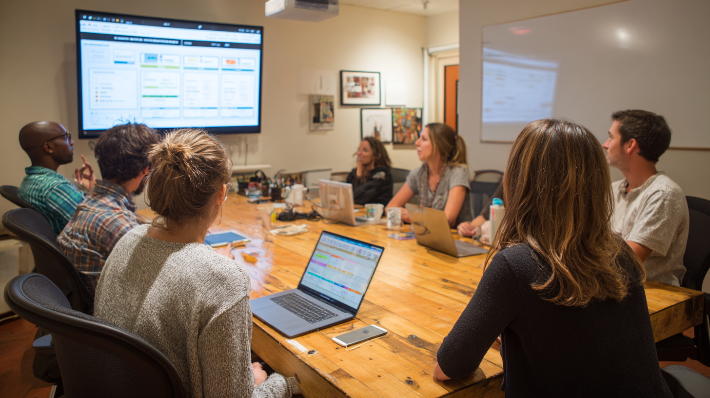 Nonprofit staff reviewing a projected comparison of volunteer software features in a conference room.