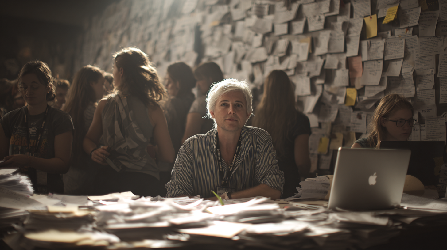 Campaign manager struggling with paper-based political campaign management tools in a crowded office.