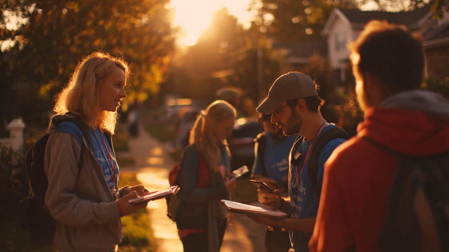 Volunteers canvassing a suburban neighborhood using mobile field operations tools.