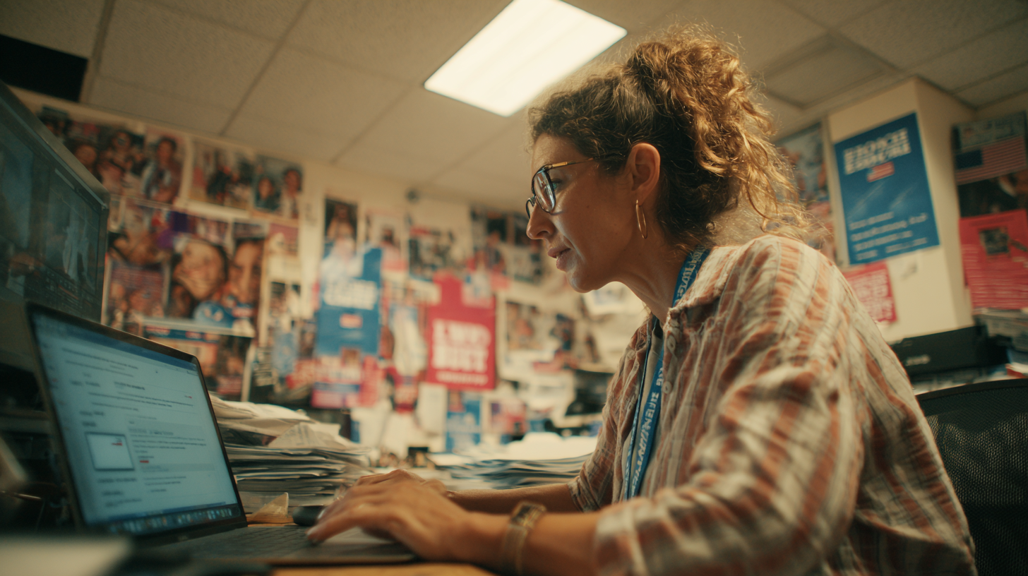 Campaign organizer reviewing voter and volunteer records in a political CRM.