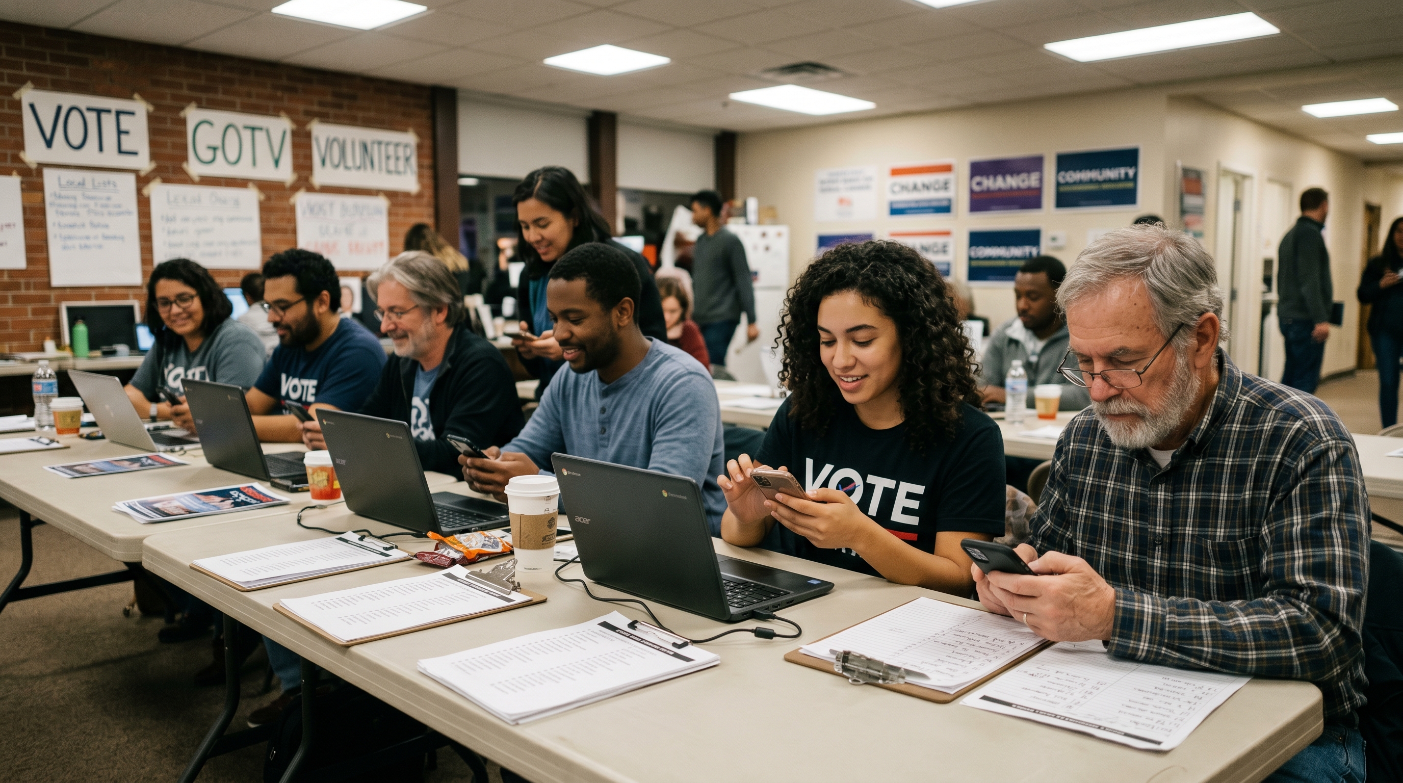 Volunteers conducting a peer-to-peer texting session for a political campaign
