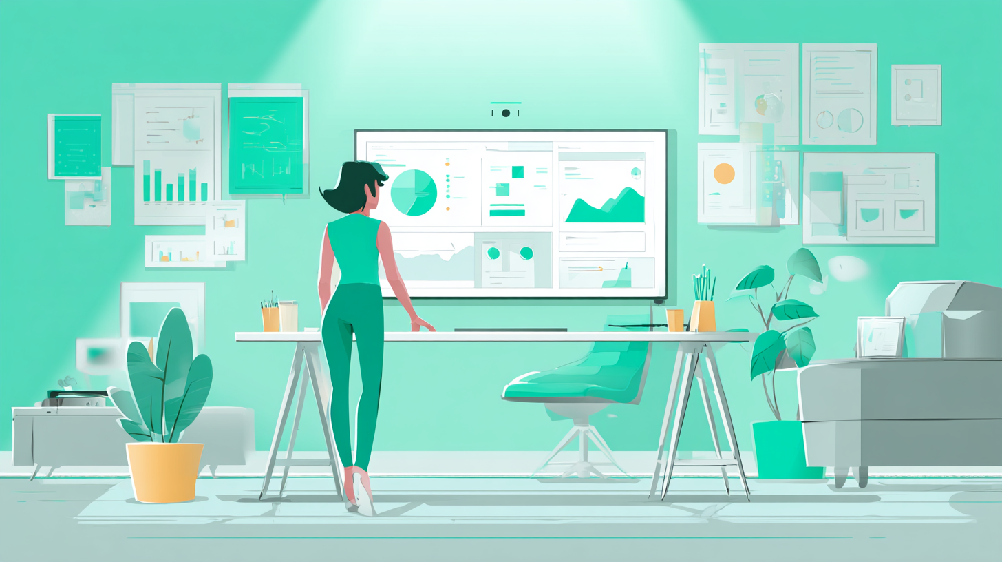 campaign manager in an office looking at a large wall-mounted screen full of charts