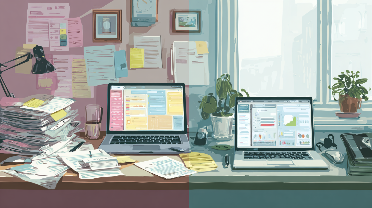 split-screen scene, left side cluttered office desk with messy papers and multiple laptops, right side clean modern 