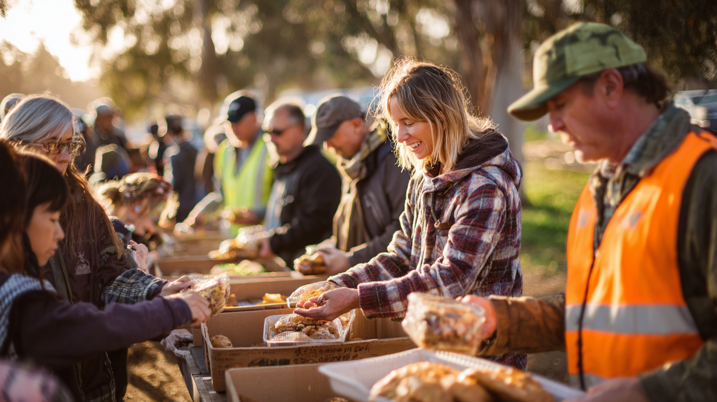 Volunteers distributing food to families at an outdoor community food distribution event