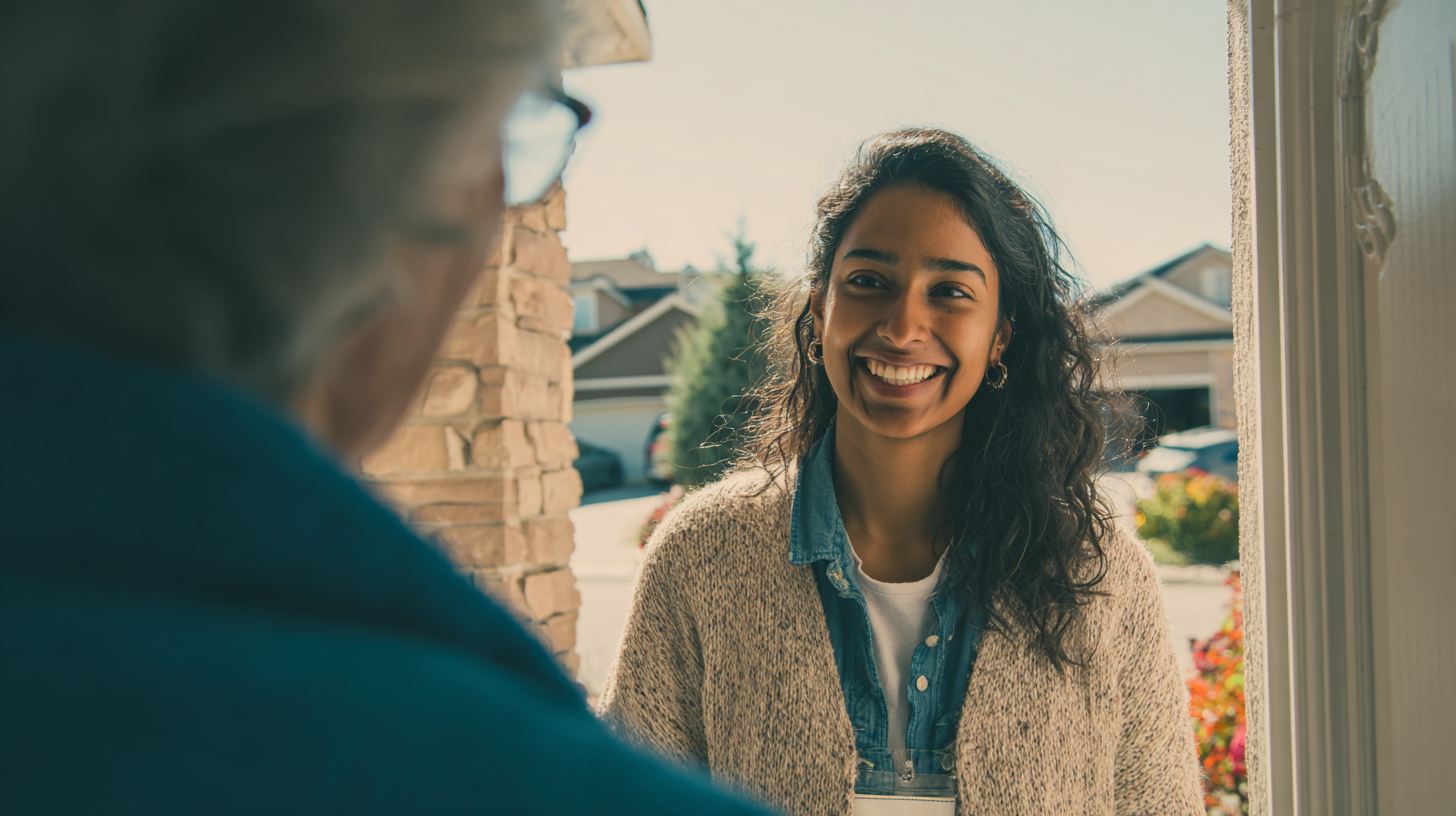 Photo of a volunteer knocking on a door or talking to a voter, with the volunteer’s face visible and the scene warm and authentic