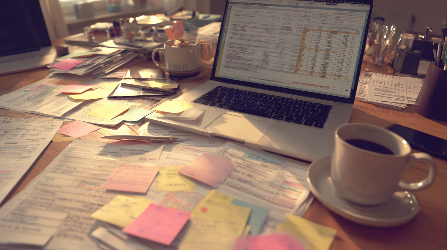 Overhead photo or illustration of a desk covered in printed spreadsheets, sticky notes, and a laptop with multiple windows open (email, sheets, chat), conveying chaos.