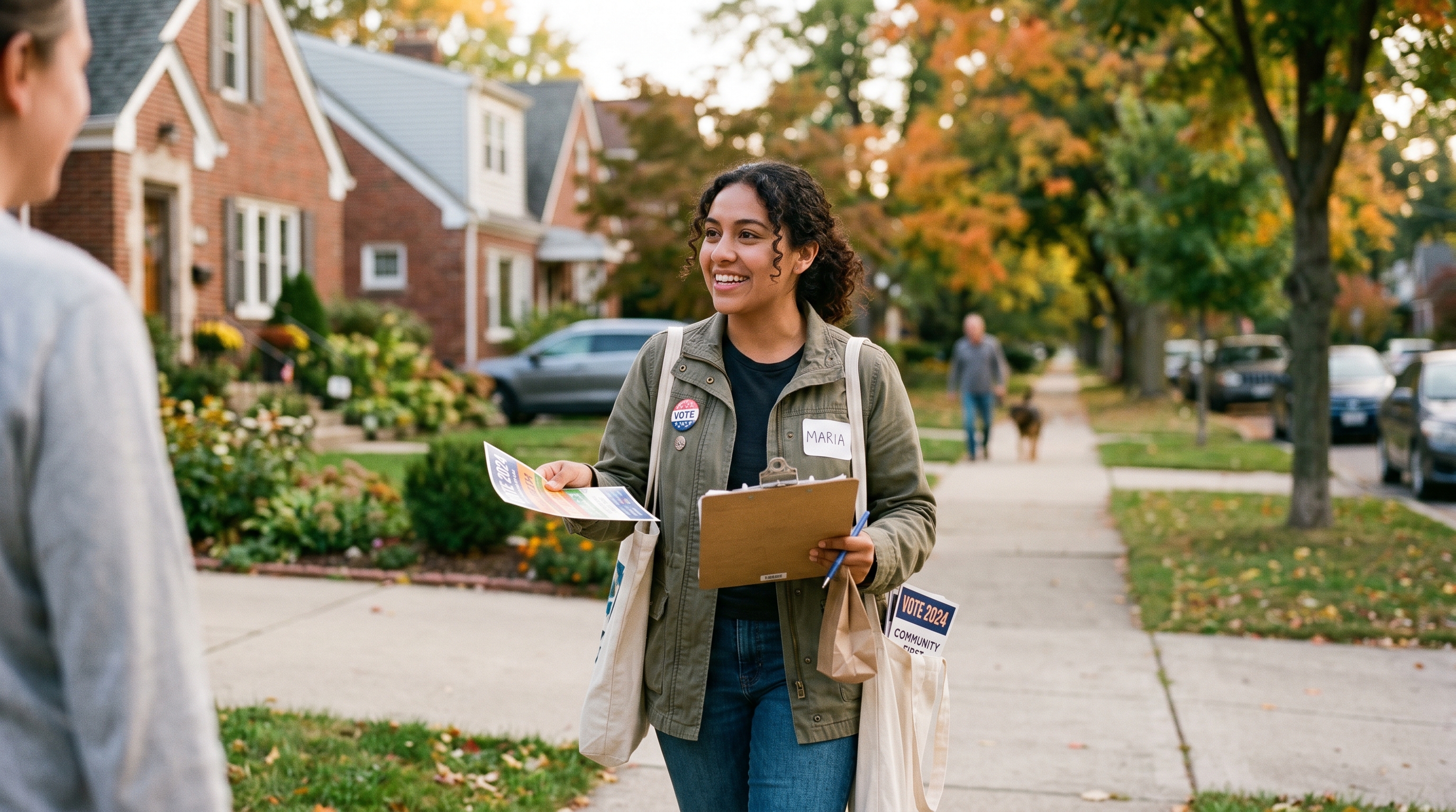 Campaign volunteer on their first canvassing shift with clipboard and campaign materials