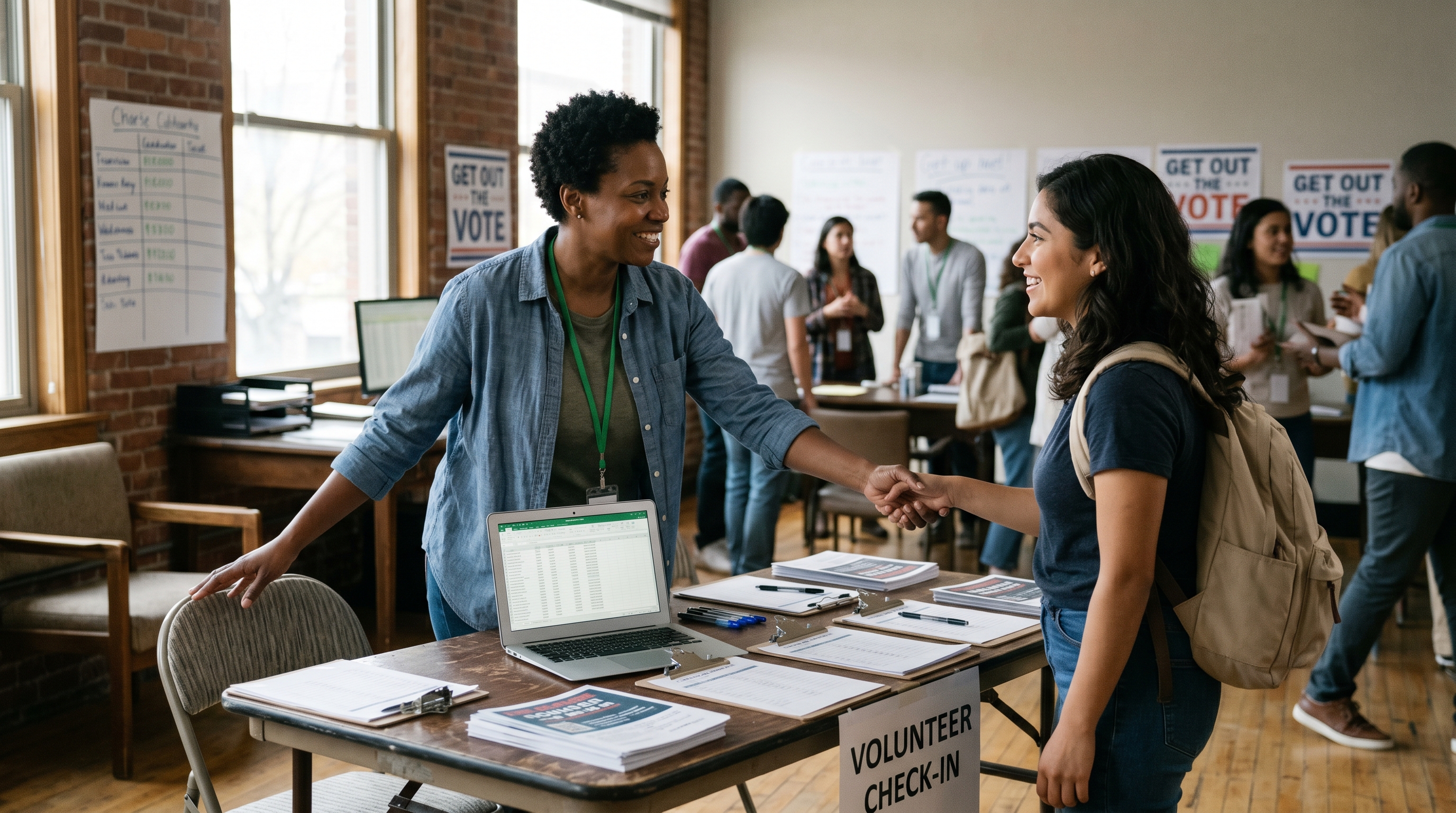 Campaign coordinator welcoming a new volunteer at a field office check-in table