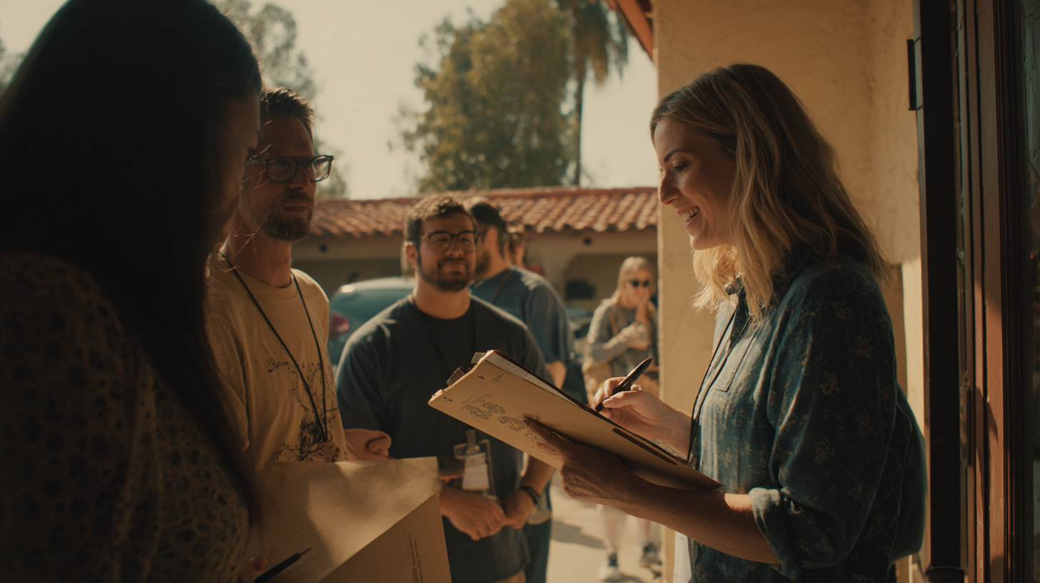 documentary style photograph, diverse campaign volunteers arriving at a small field office for orientation, organizer greeting them with clipboards, soft natural daylight, warm color grading, realistic, 35mm lens --ar 16:9