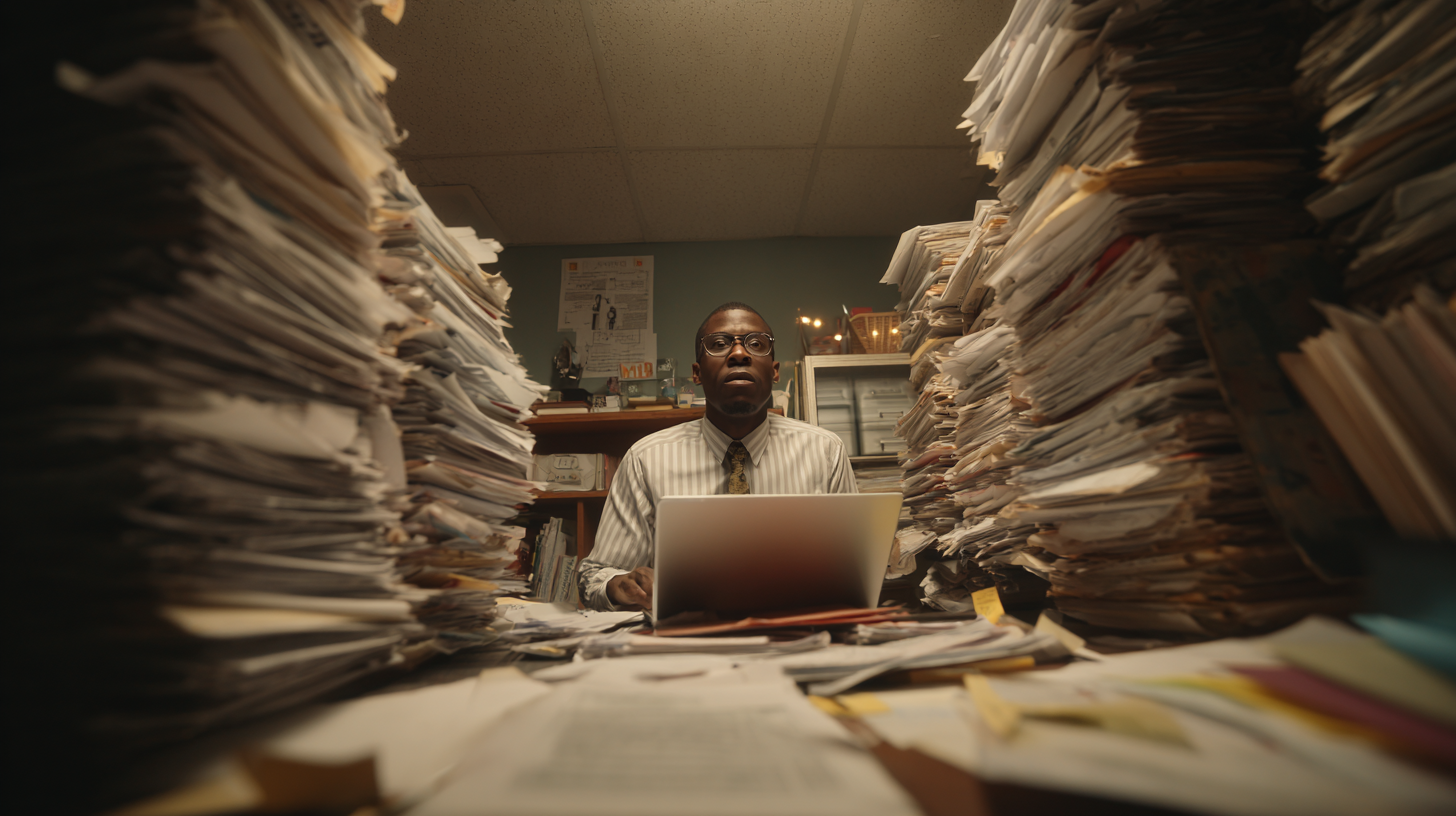 Field organizer looking overwhelmed at a desk covered with papers and a laptop full of spreadsheets.