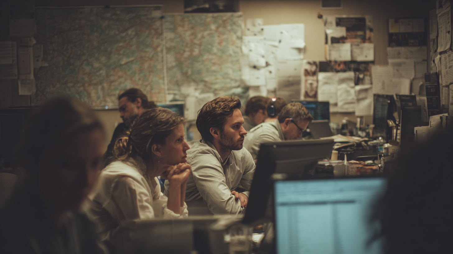 Campaign staff in a cramped office at night, surrounded by papers and spreadsheets on laptops.