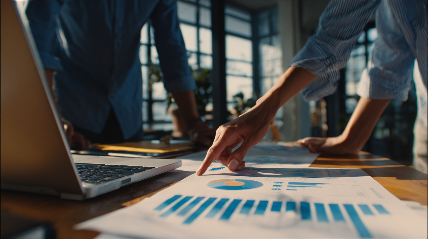 Two campaign staff pointing at volunteer metrics charts on a laptop screen.