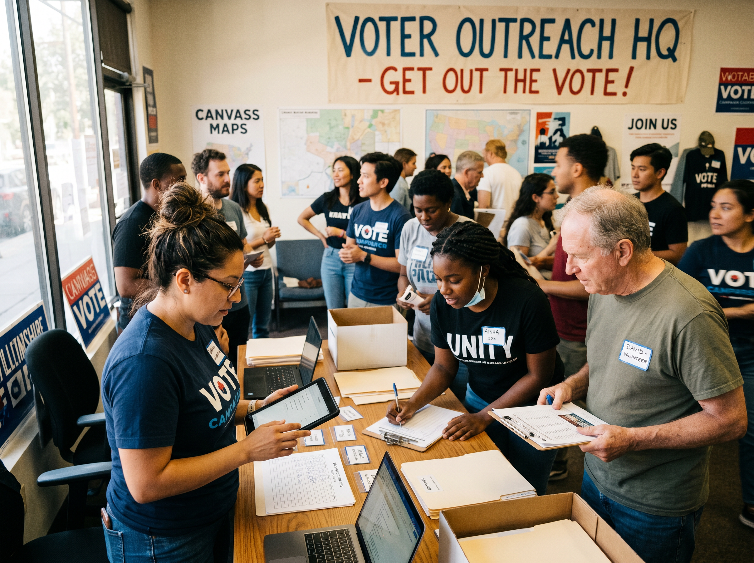 Campaign volunteers checking in for a canvassing shift managed through volunteer scheduling software at a field office