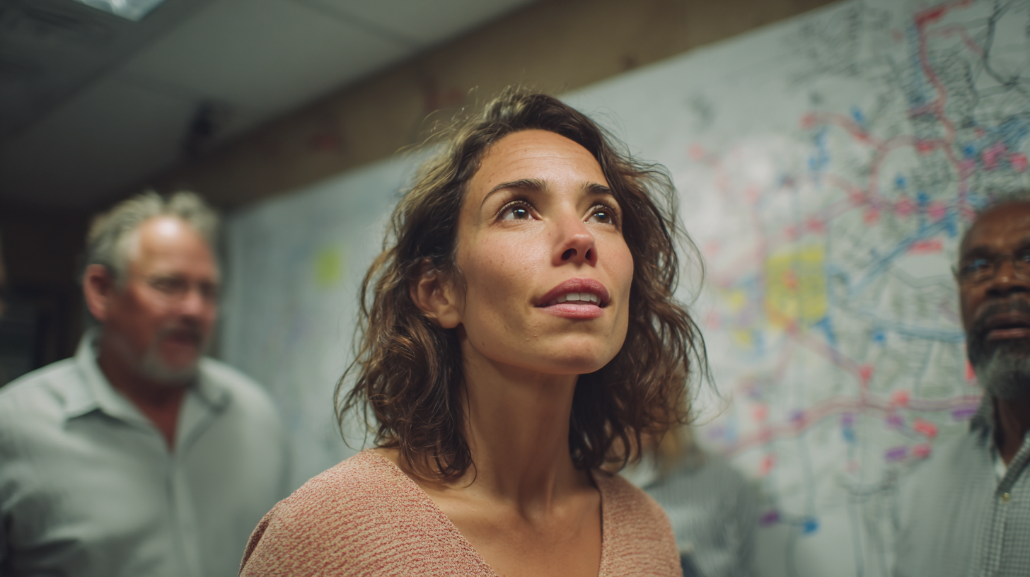 Campaign staff reviewing a whiteboard with maps and arrows showing volunteer workflows.