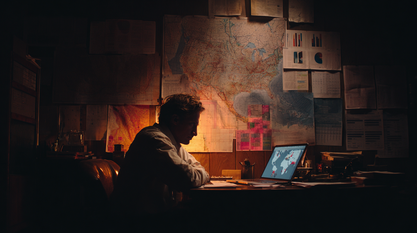 Campaign manager at night reviewing volunteer analytics on a laptop in front of wall maps.