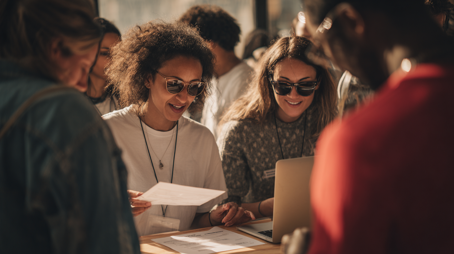 Volunteers gathered around a table reviewing campaign walk lists and a laptop.