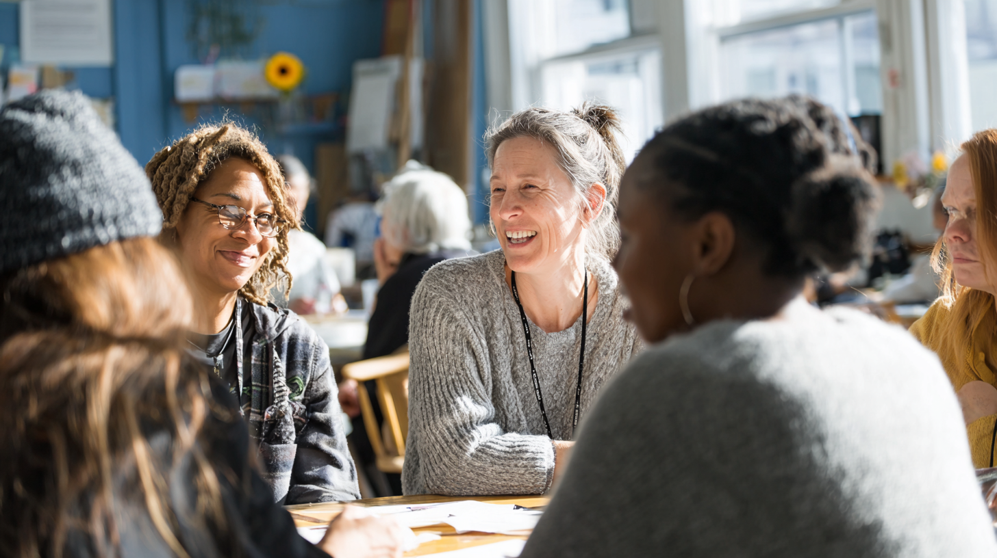 Volunteer coordinator speaking with a diverse group of volunteers in a community center