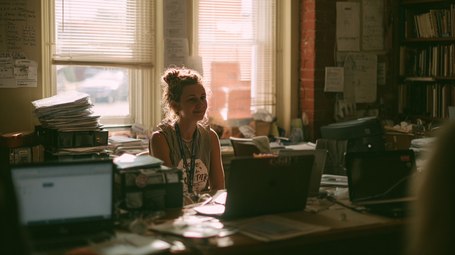 Volunteer coordinator juggling laptops and paper lists while managing free volunteer sign up tools in a small campaign office.