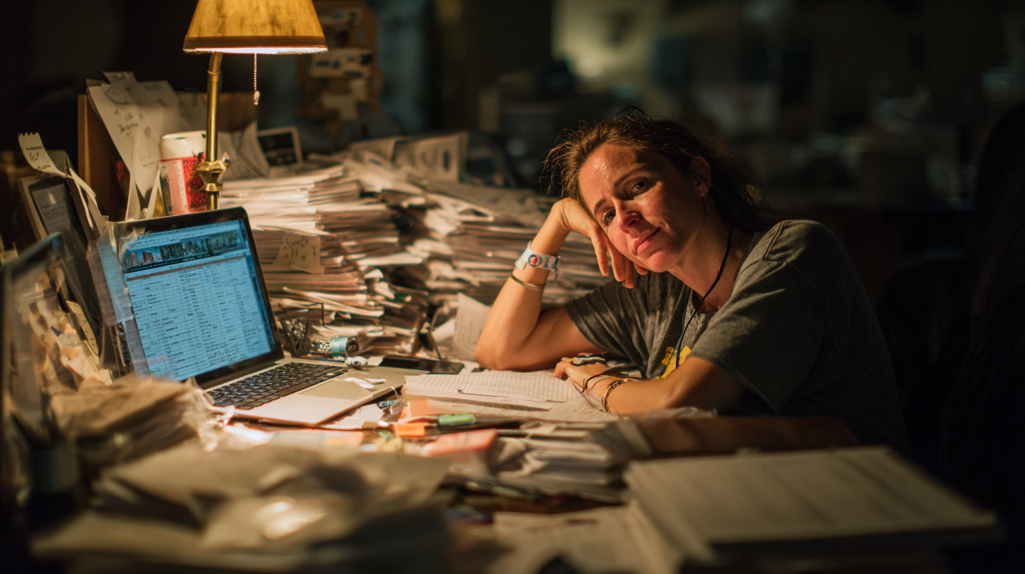 Exhausted organizer reconciling volunteer sign up spreadsheets from multiple free tools late at night.